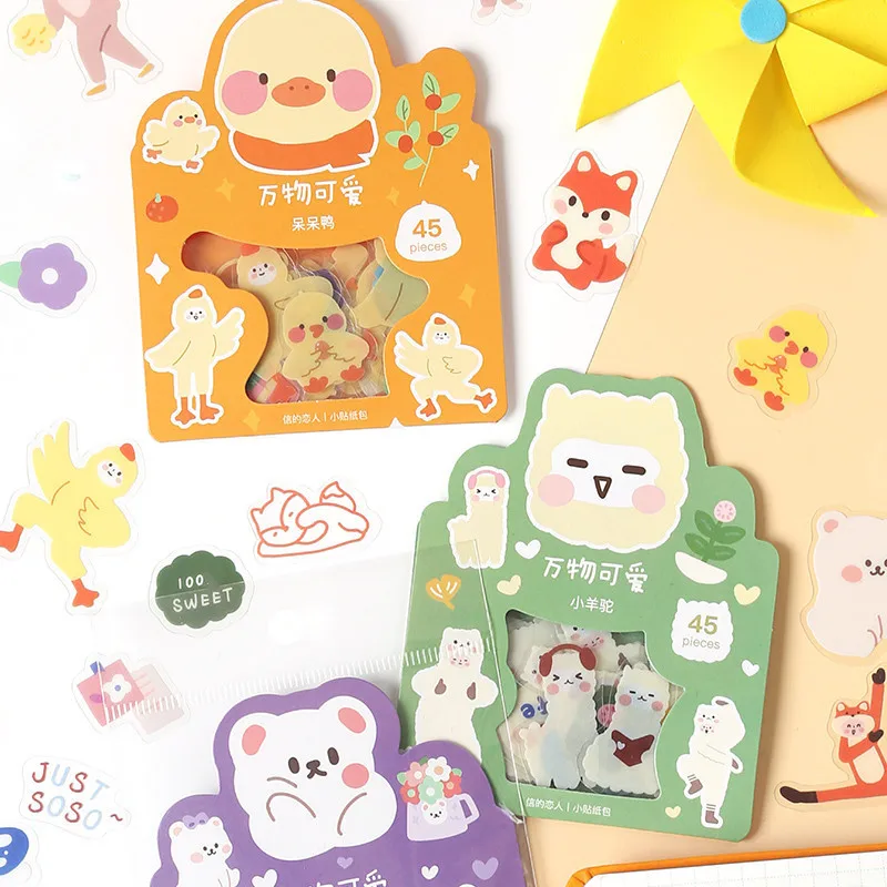 45pcs Cartoon Bear Rabbit Fox Duck Kawaii Stickers Fun Decoration Planner DIY Scrapbooking Journal Stationery School Supplies