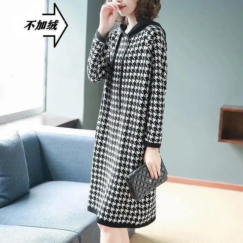 6XL Women\'s Dress 2024 Autumn Summer New Fashion Houndstooth Hooded Sweater Hoodie Dresses Winter Long-Sleeved Base Dress Female