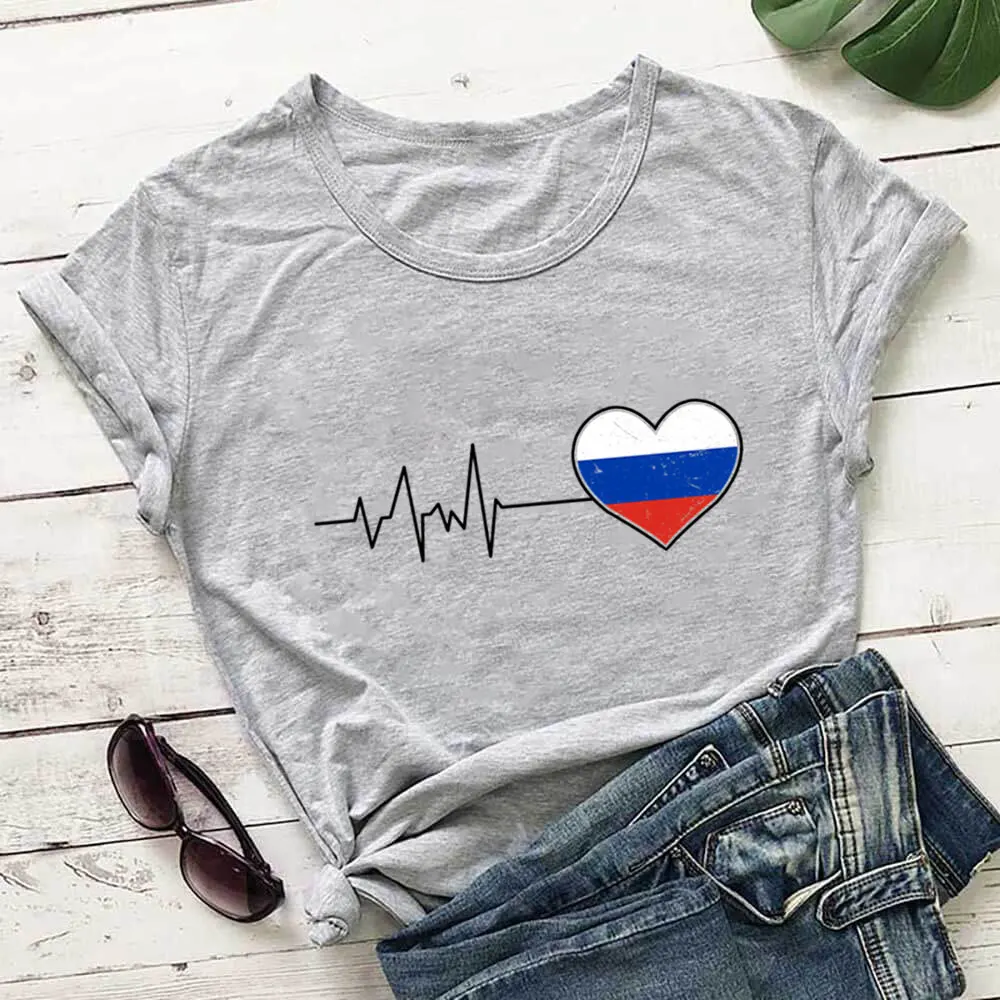 Heartbeat Russia Flag New Arrival 100%Cotton Women T Shirt Women Funny Summer Casual Short Sleeve Top Tee Country Lovers Shirt