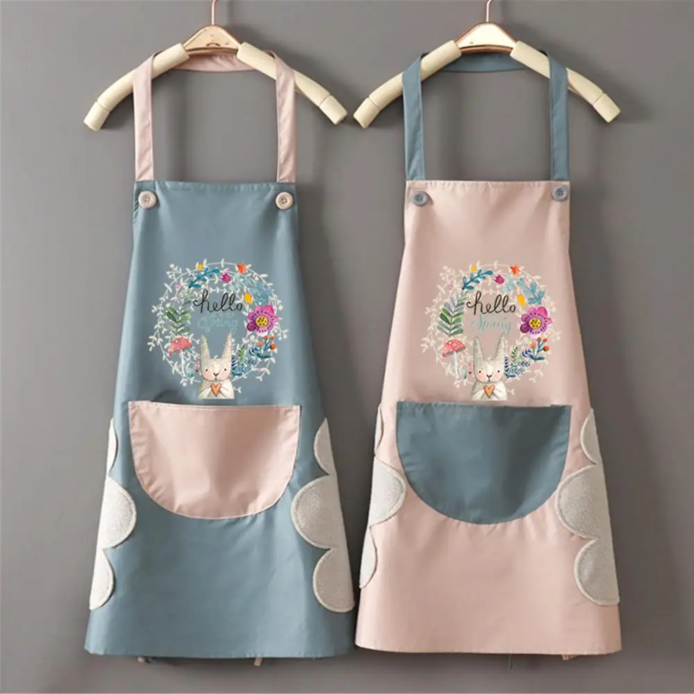 

90*70cm Kitchen Wipeable Waterproof Oil-Proof Cartoon Wreath Rabbit Kitchen Nail Shop Apron for Women Baking Accessories