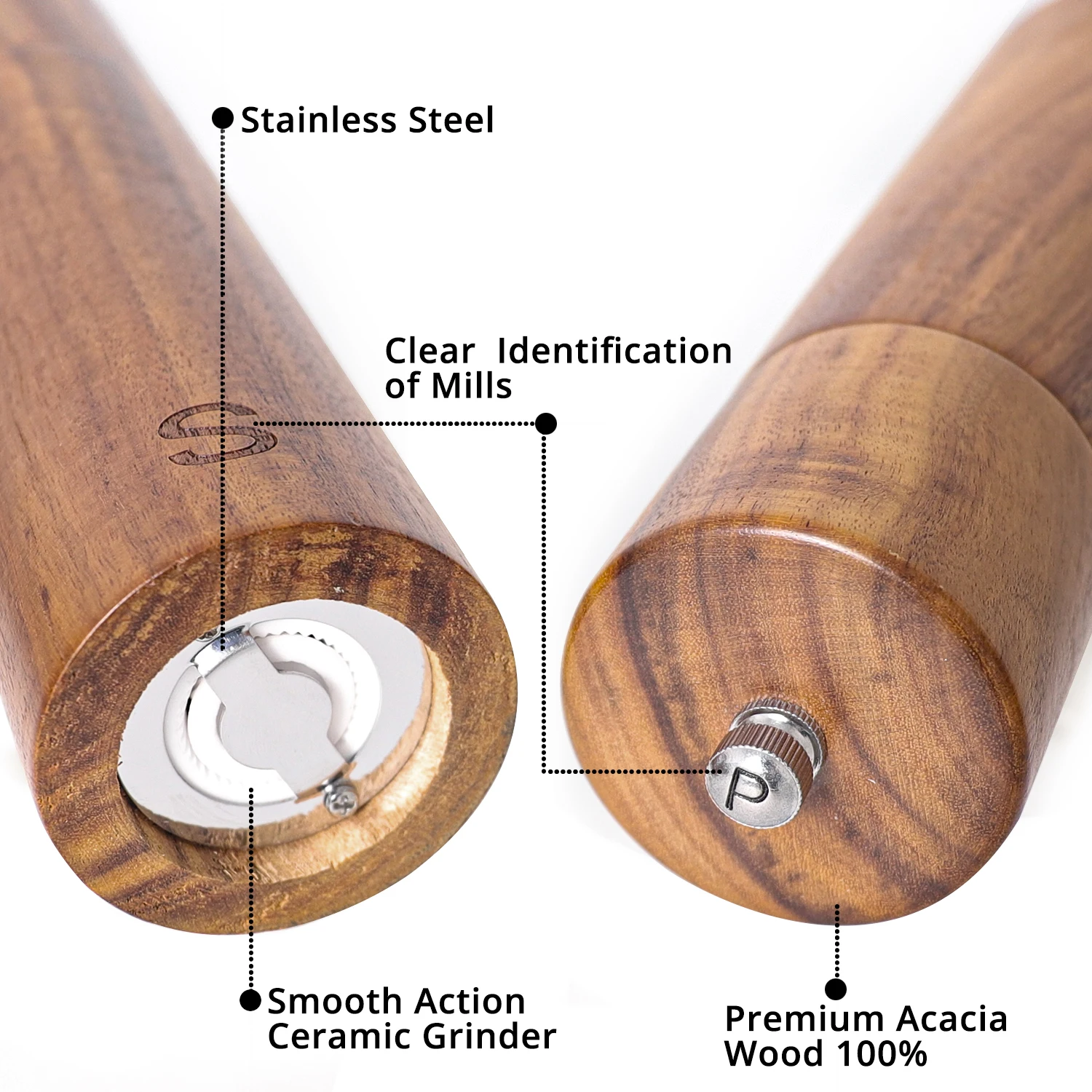 Wooden Salt and Pepper Grinder Set Refillable and Matching Wood Tray - Tall 8 Inch Acacia Wood Salt and Pepper Shakers