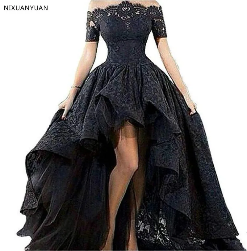 

Short Front Long Back Strapless Asymmetrical Floor Length Black Lace Wedding Dress Custom Made