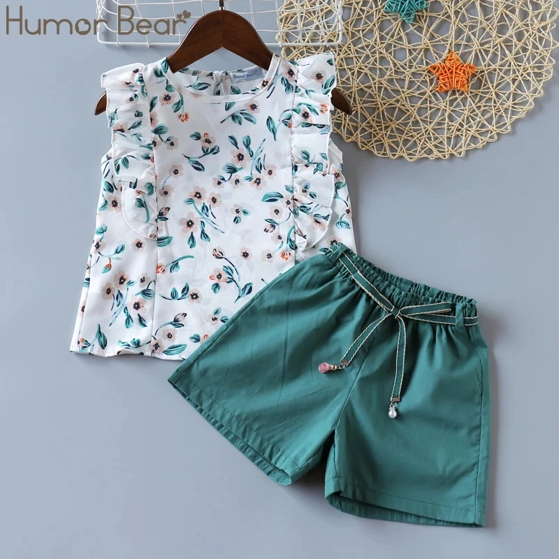 

Humor Bear Girls Clothing Set Summer New Child Cute Flowers Flying Sleeves T-shirt+ Shorts Kids Suit Toddler Baby Girls Clothes