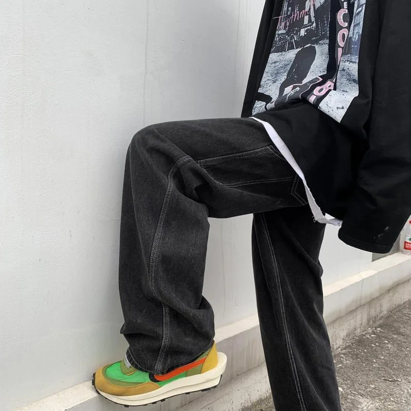 ICCLEK High Street American Jeans Retro Washed Jeans Men's Loose Wide-leg Straight-leg Pants Spring and Autumn Casual Pants