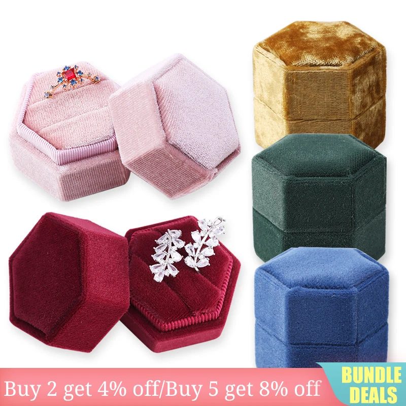 Hexagon Square Shape Velvet Jewelry Box Double Ring Storage Box Wedding Ring Display For Woman Gift Earrings Packaging