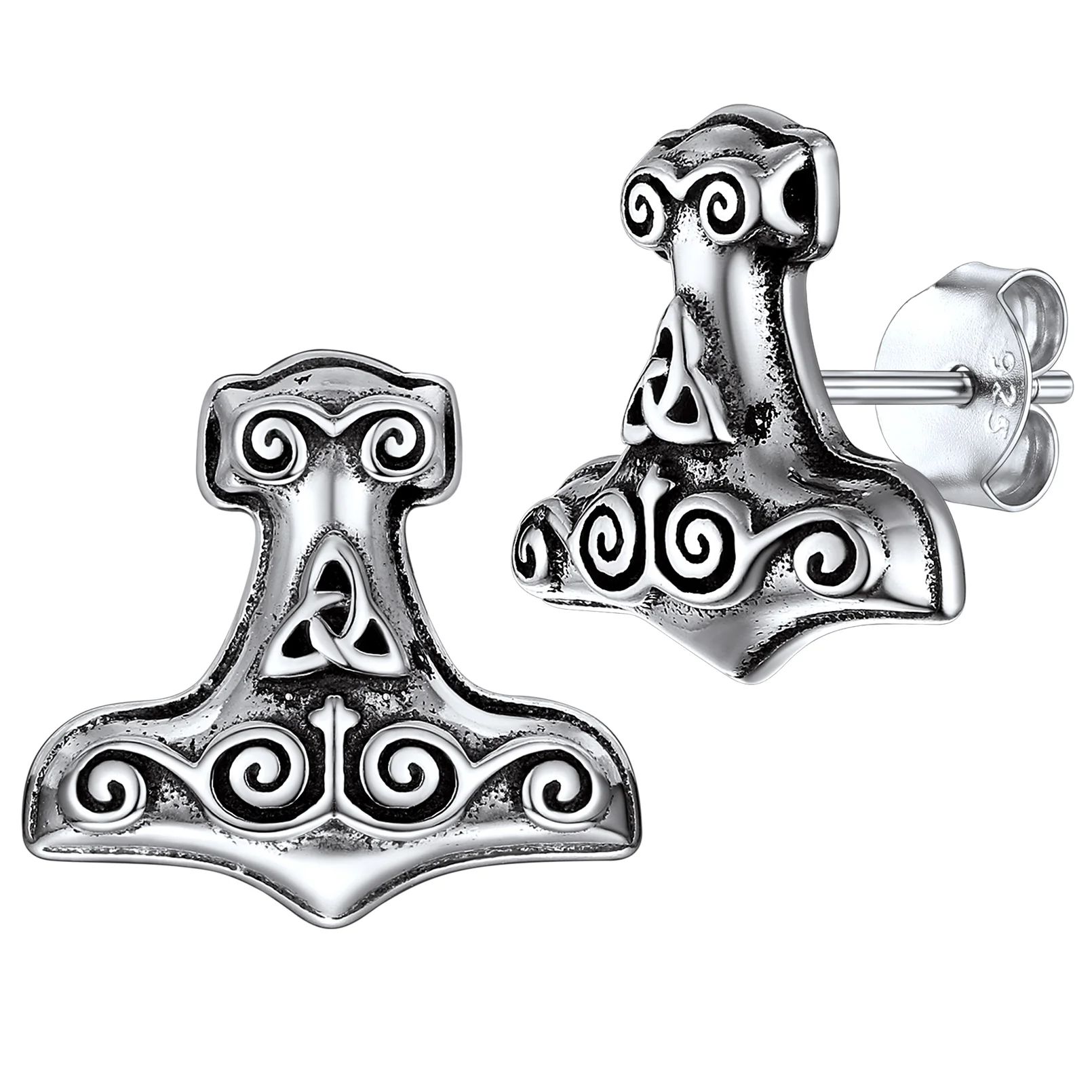 

ChainsPro Norse Viking Jewelry S925 Sterling Silver Stud Earrings Celtic Wolf/Thors Hammer Studs for Women Teen Girls CP557