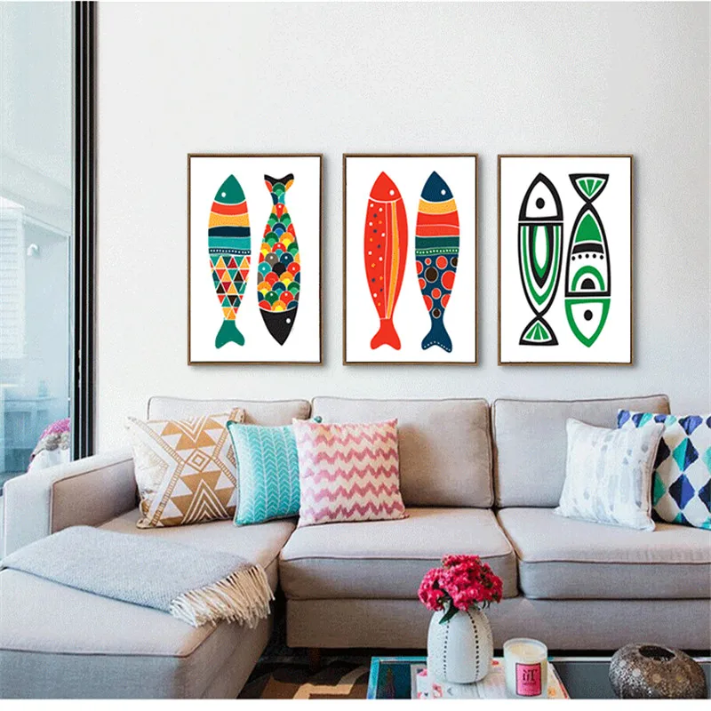 Canvas Painting Nordic Two Fishes Pattern Wall Art Poster Picture Home Decor Children Bedroom Living Room Home Decor Poster