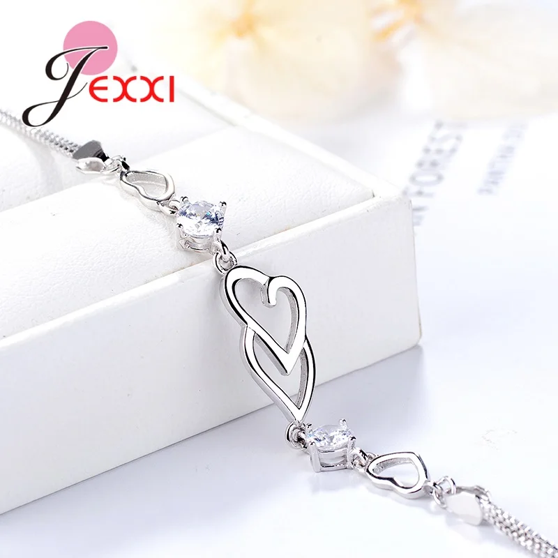 New Fashion Shiny CZ Bracelets For Girls 925 Sterling Silver Hearts Pendant Bracelet Bangles Adjustable Size Women Hand Chain