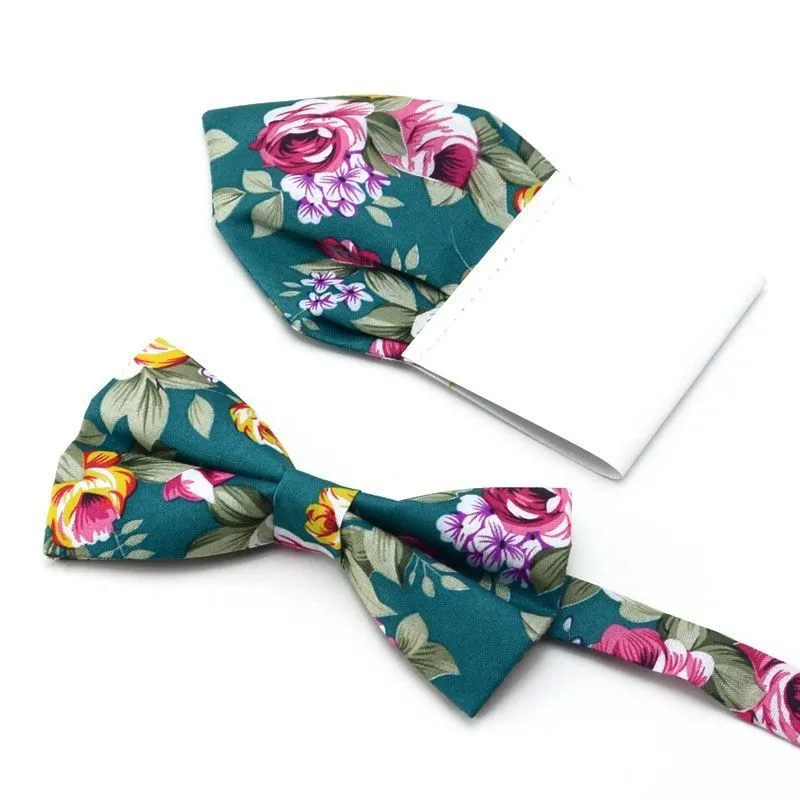 Cotton Bow Tie Set Floral Insert Paper Pocket Square Hanky Classic Handkerchief Bowknot Wedding Handki Accessory