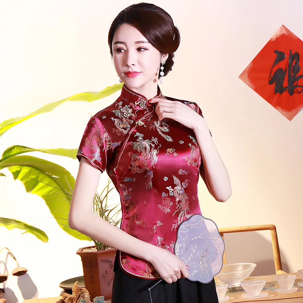 Chinese Style Short Sleeve T-shirt Traditional Chinese Mandarin Collar Women Qipao Tops Vintage Dragon Phoenix Tang Coat 4XL