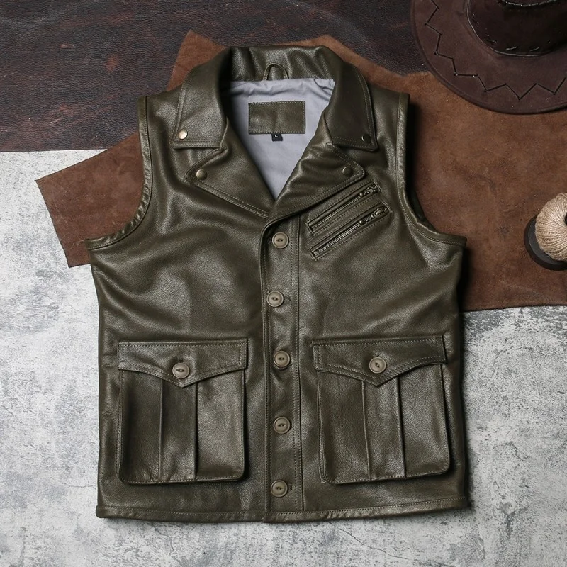 Vintage Cowboy Genuine Leather Vest Men Sleeveless Motorcycle Jacket Slim Fit Single Breasted Cowhide Waistcoat Mens Vests New