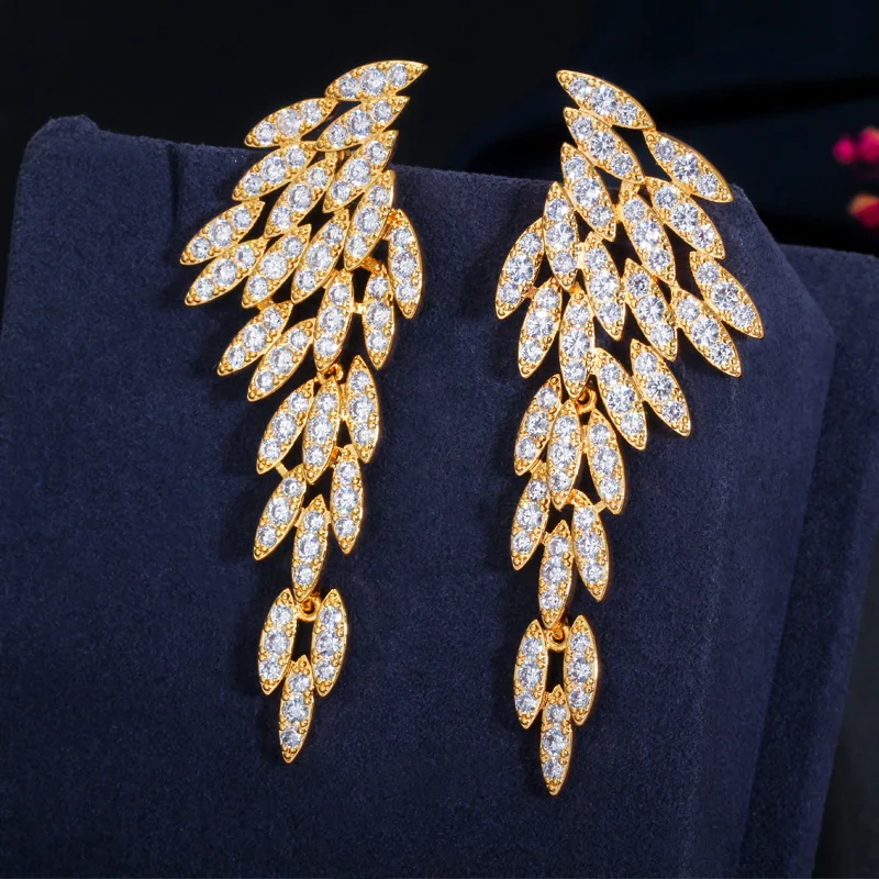 CWWZircons Elegant 18k Gold Plated Cubic Zirconia Long Dangle Feather Wing Drop Earrings for Women Fashion Boho Jewelry CZ640