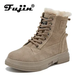 Fujin Women Snow Boots Genuine Leather Warm Fur Winter Shoes Women Ankle Boots 2024 Platform Ankle Boots Booties