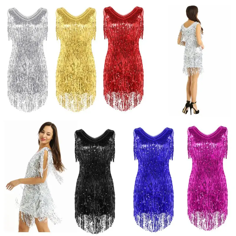 Women Stage Dance Dress Sleeveless Sparkling Sequins Tassels Fringe Ballroom Samba Tango Stage Latin Dance Performance Dress