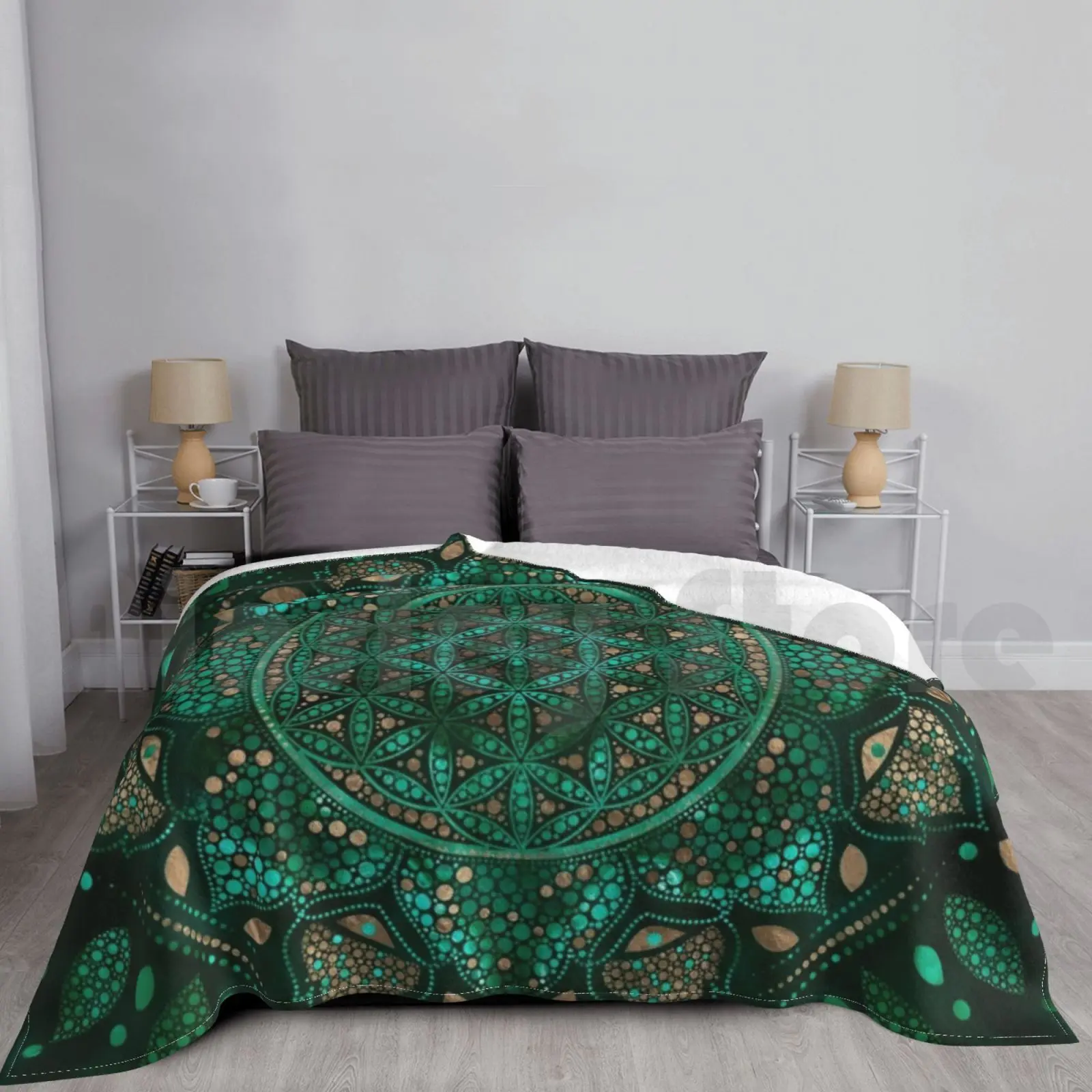 Flower Of Life Dot Art Malachite Gold Blanket Fashion Custom Flower Of Life Blume Des Lebens Fleur De Vie