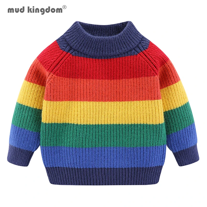 Mudkingdom Cute Toddler Boys Girls Sweaters Ribbed Knit Rainbow Striped Soft Warm Pullover Tops for Kids Clothes Autumn Winter