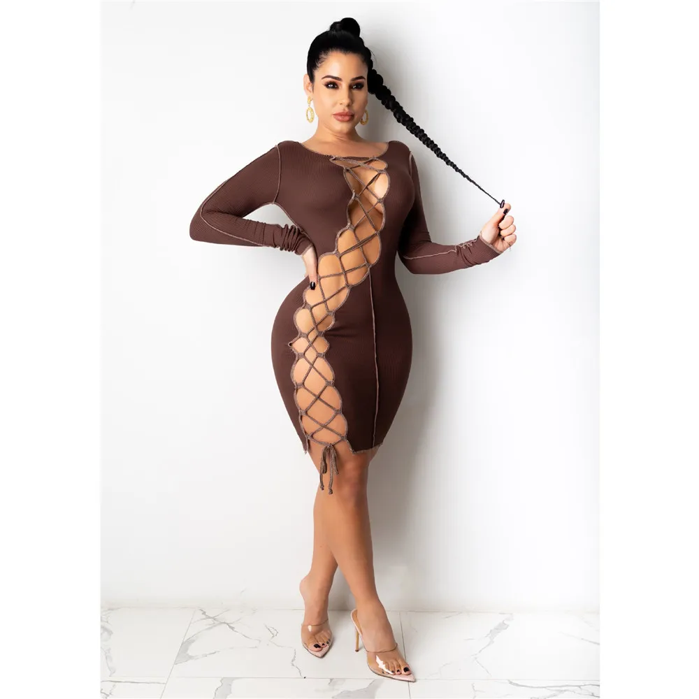 Sexy Hollow Out Bandage Bodycon Dress Club Party Dresses for Women Festival Clothing Long Sleeve Sheath Brithday Christmas Dress