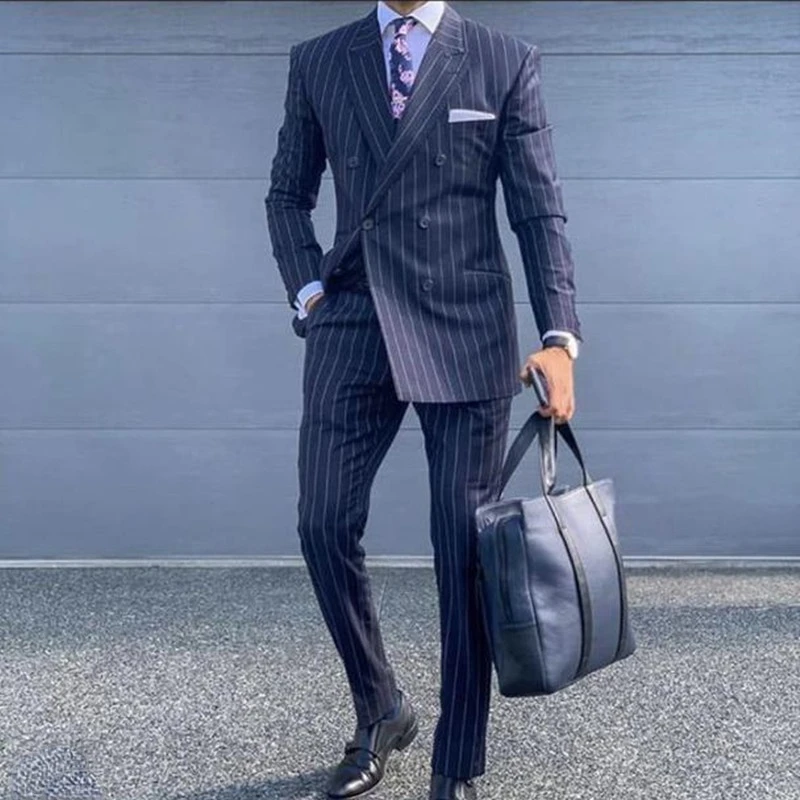 Latest Navy Blue Pinstripe Male Suit Double Breasted Tuxedo for Men Slim Fit 2-Piece Formal Business Men Clothing Costume Homme