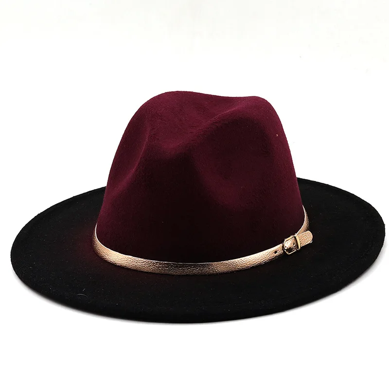 Winter Women Gradient gold belt Fedora Hat Wide Brim Church Derby Top Hat Panama Men artificial British style Jazz Cap