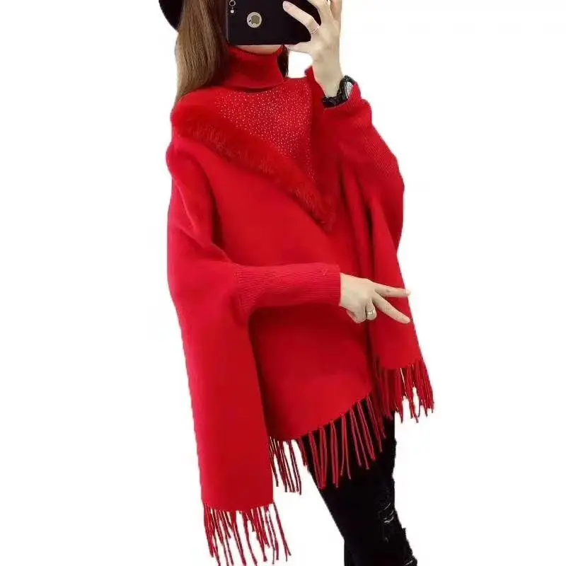 V Style Fur Beading Diamond Sweater Tassel Loose Knitwear Long Batwing Sleeve Streetwear Poncho High Neck Thick Knits Pullover
