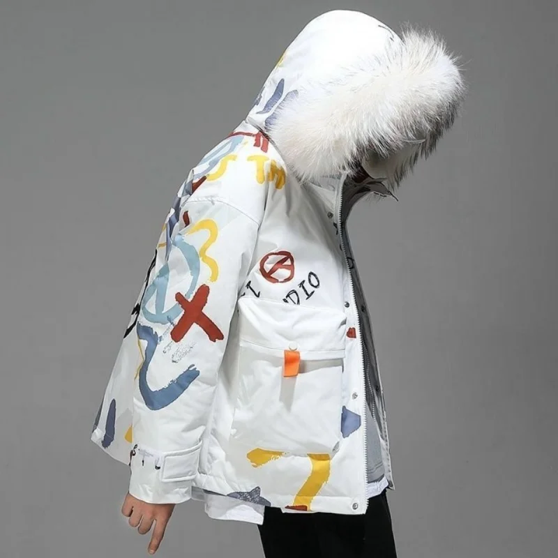 Chaqueta de plumón con estampado de dibujos animados para hombre, cortavientos grueso con capucha, chaqueta acolchada Harajuku de gran tamaño,