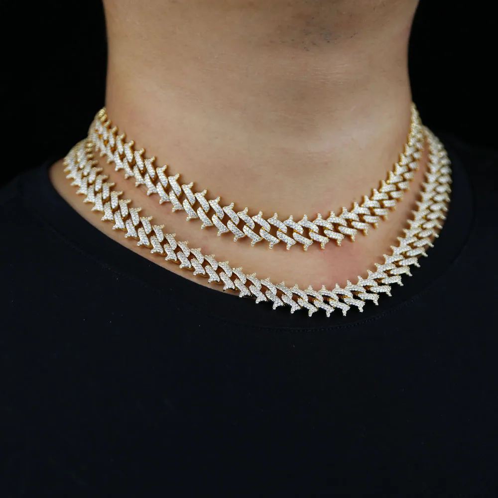 Iced out  Cuban Link Miami Chain Necklace Luxury Gold Color Jewelry Necklace With CZ Paved Rivets Spike Shape Choker