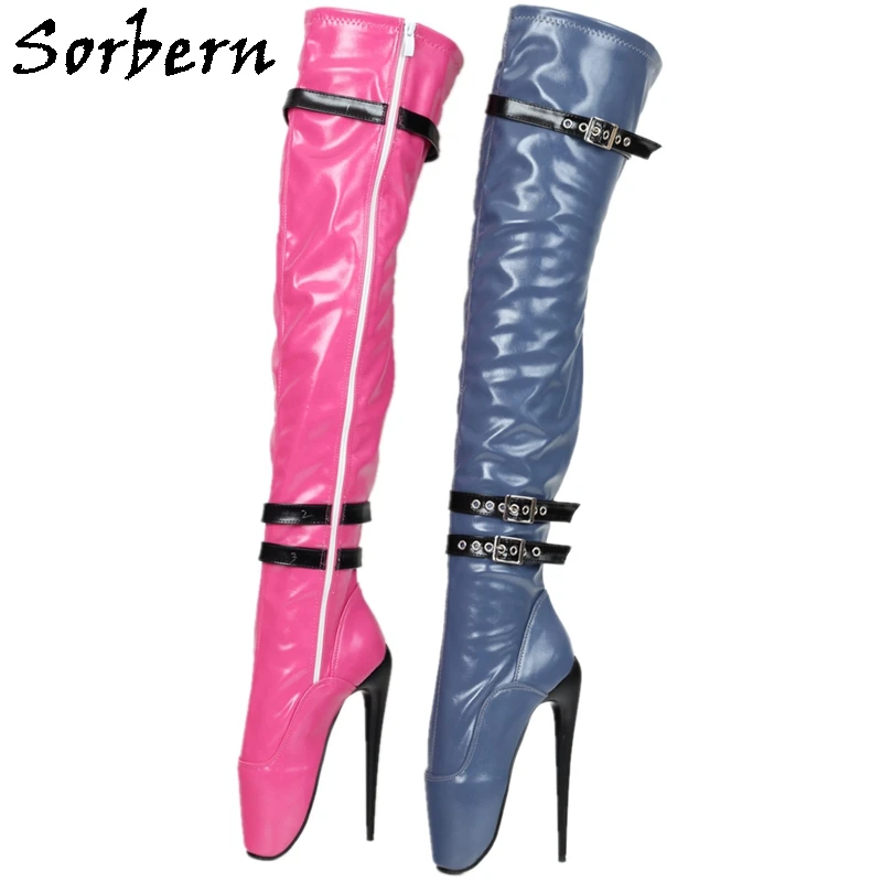 

Sorbern Mid Thigh High Boots Women Ballet High Heel Stilettos Triple Straps Buckles Custom Matt Fetish Shoes For Crossdresser