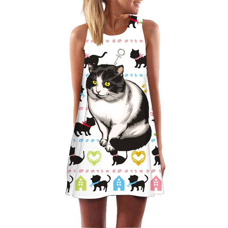 Leuke Katten 3D Degital Print Womens Jurk Zomer Mouwloze O-hals A-lijn Casual Mini Jurk Elegante Holiday Beach Zonnejurk