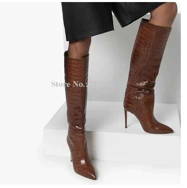 Sexy Brown Pink Crocodile Leather Women Knee High Boots New Stiletto Heel Fashion Long Boots Lady Large Size Party Boots