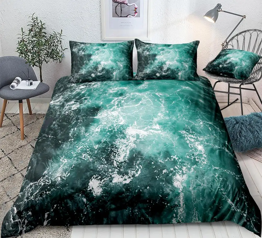 

3D Sea Water Duvet Cover Set White Foam and Waves Pattern Bedding Ocean Quilt Cover Queen Blue Home Textiles Teens 3pcs Dropship