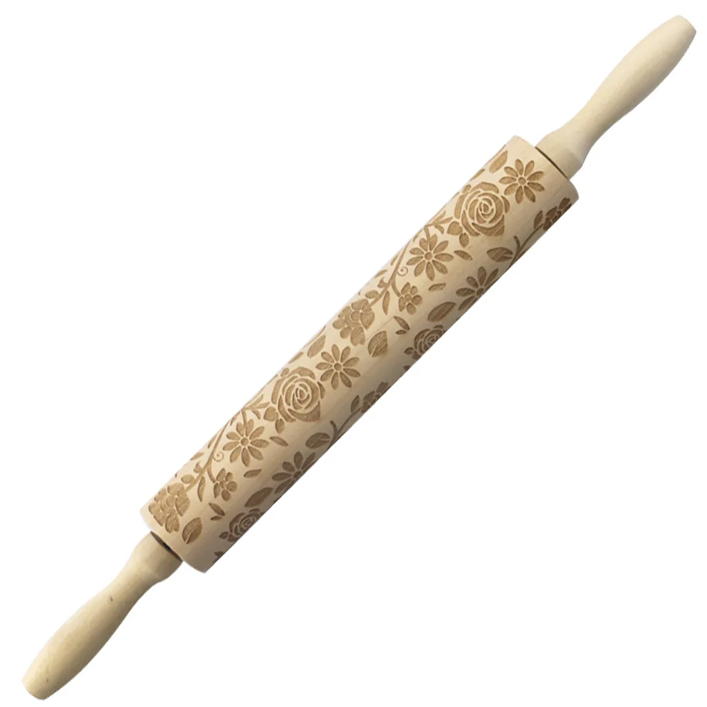 Wooden Spring Easter Bunny Radish Flower Painted Egg Rolling Pin Wood Embossed Rolling Pin Cookie Rolling Stick Texture Roller