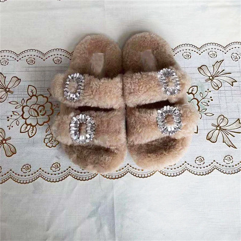 Women\'s Genuine Shearling Slippers Ladies Furry Slippers Girls Flat Slippers Outside