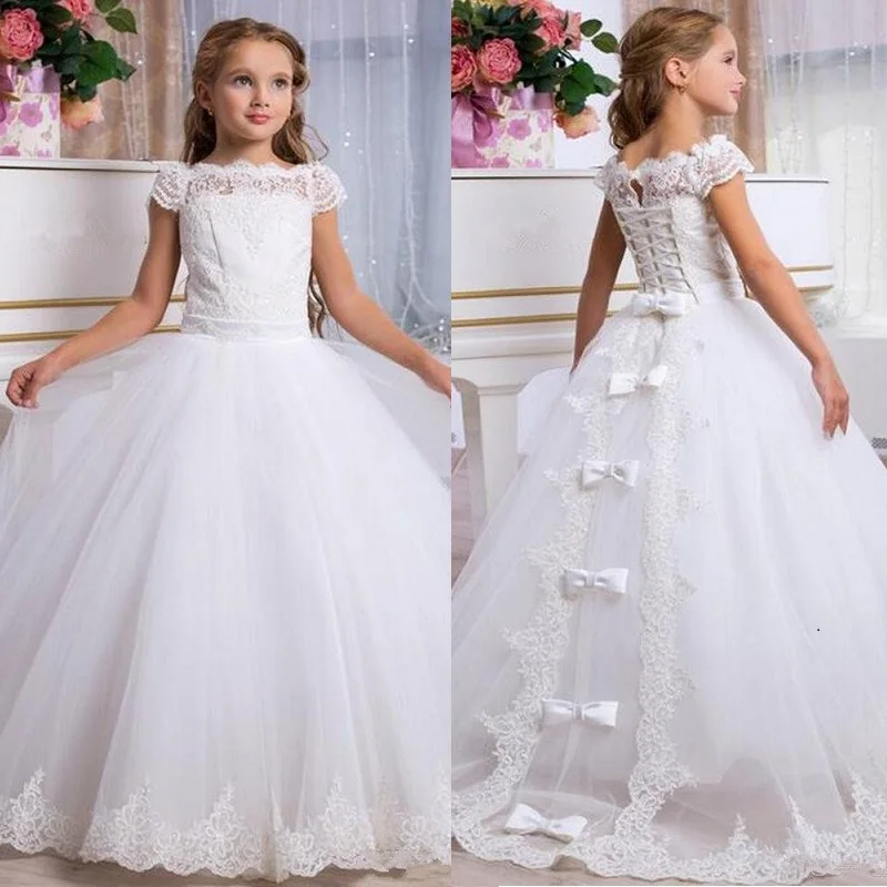 Vestido infantil de princesa, vestido rendado para festa e baile de casamento, aniversário, concurso, manga curta, costas nuas