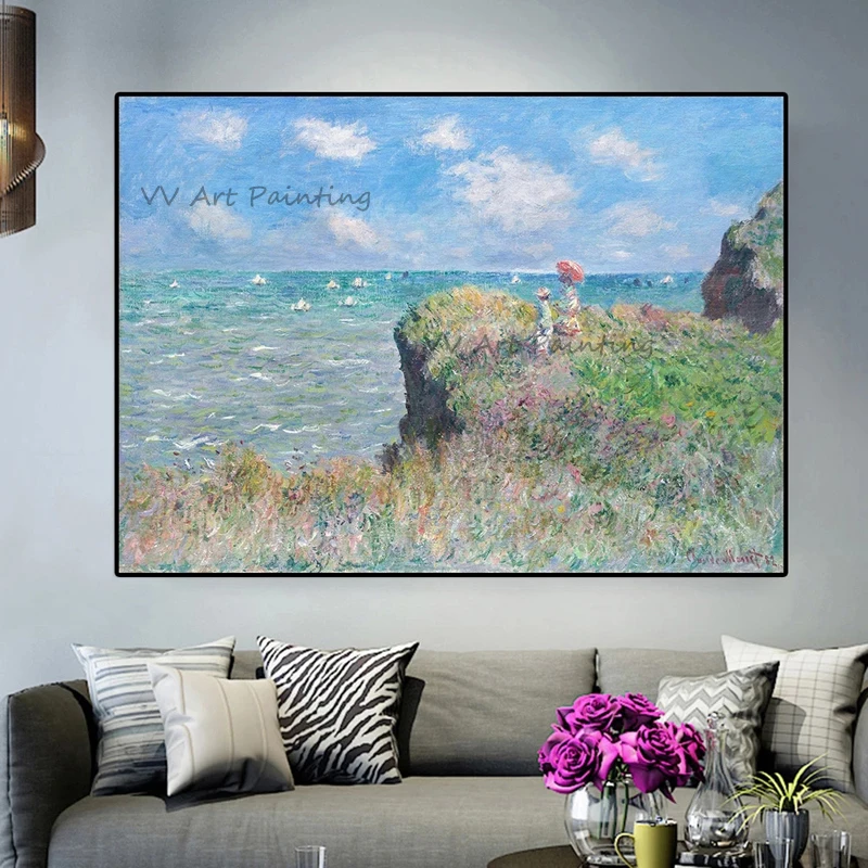 Best Art Monet Cliff Seaside Landscape Oil Painting Canvas Handmade Palette Knife Impressionist Living Room Wall Decor Artwork