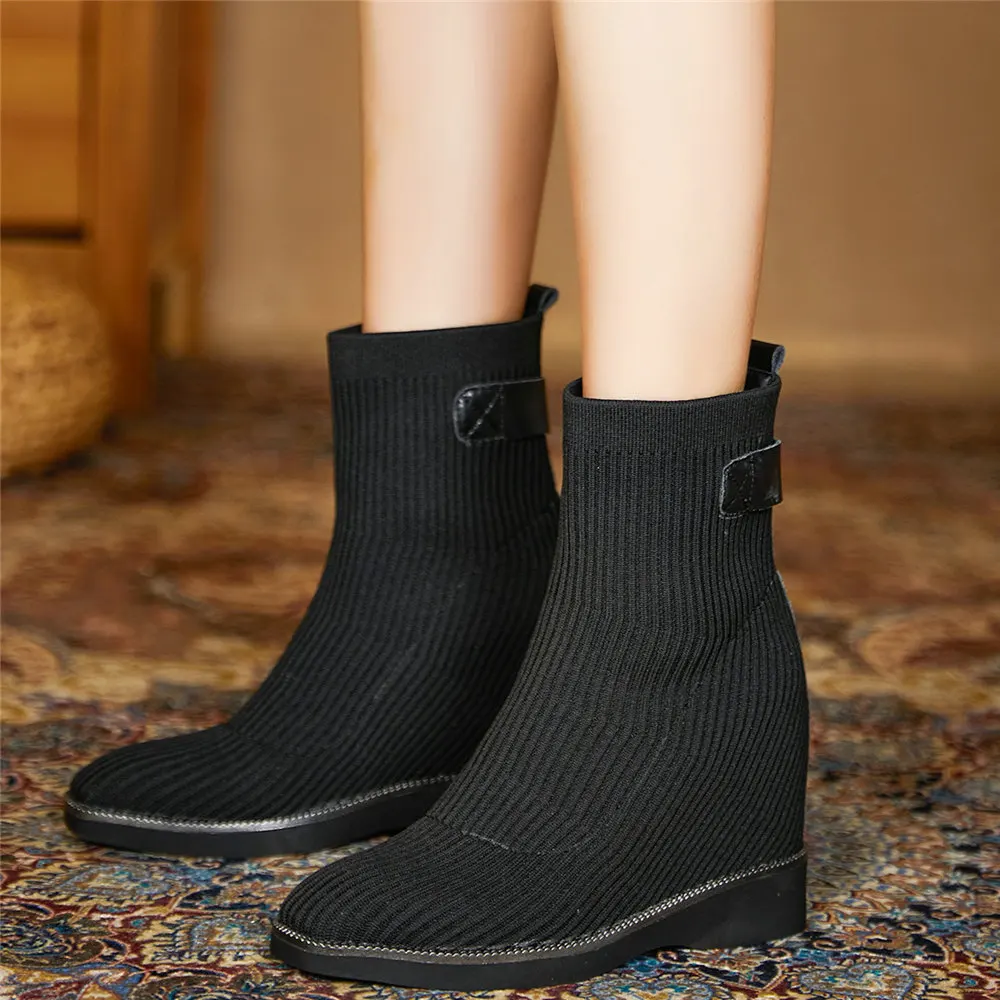 2021 inverno quente bombas sapatos femininos de tricô cunhas salto alto tornozelo botas femininas alta superior dedo do pé redondo oxfords sapatos casuais