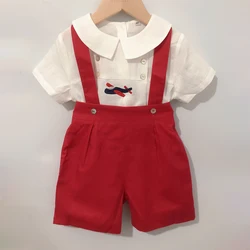 Conjunto de ropa de Boutique para niños, ropa de algodón y lino de manga corta, camisa bordada de avión, tirantes, pantalones cortos rojos para bebés de 0 a 6 años, 2 uds.