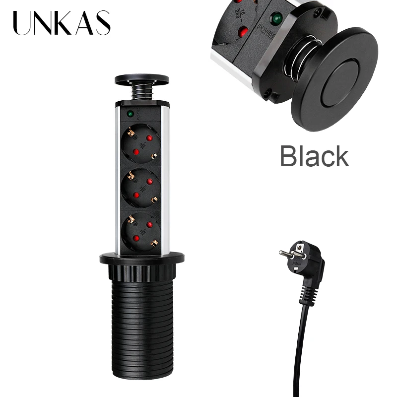 16A PULL POP UP 3 Power EU Socket New Black Color Dual USB Port Kitchen Table Desktop Retractable Countertops French Plug
