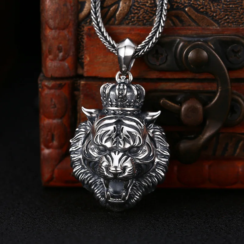 925 Sterling Silver Tiger Head Pendant Jewelry Men Male Thai Silver Stylish Domineering Animal Tiger Necklace Pendant Jewelry