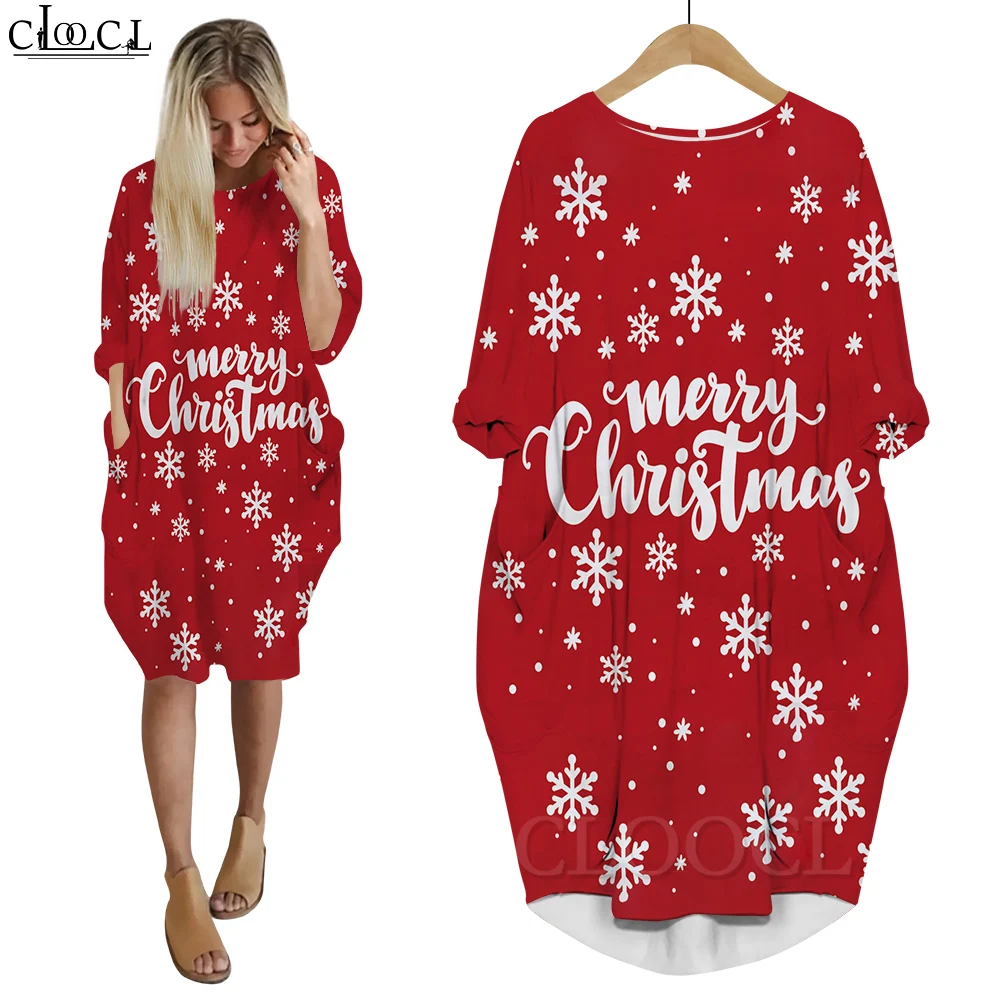 

CLOOCL Merry Christmas Dress 3D Printed Baggy Women Dresses Long Sleeve Female Gown and Pocket Dresses for Party and Christmas