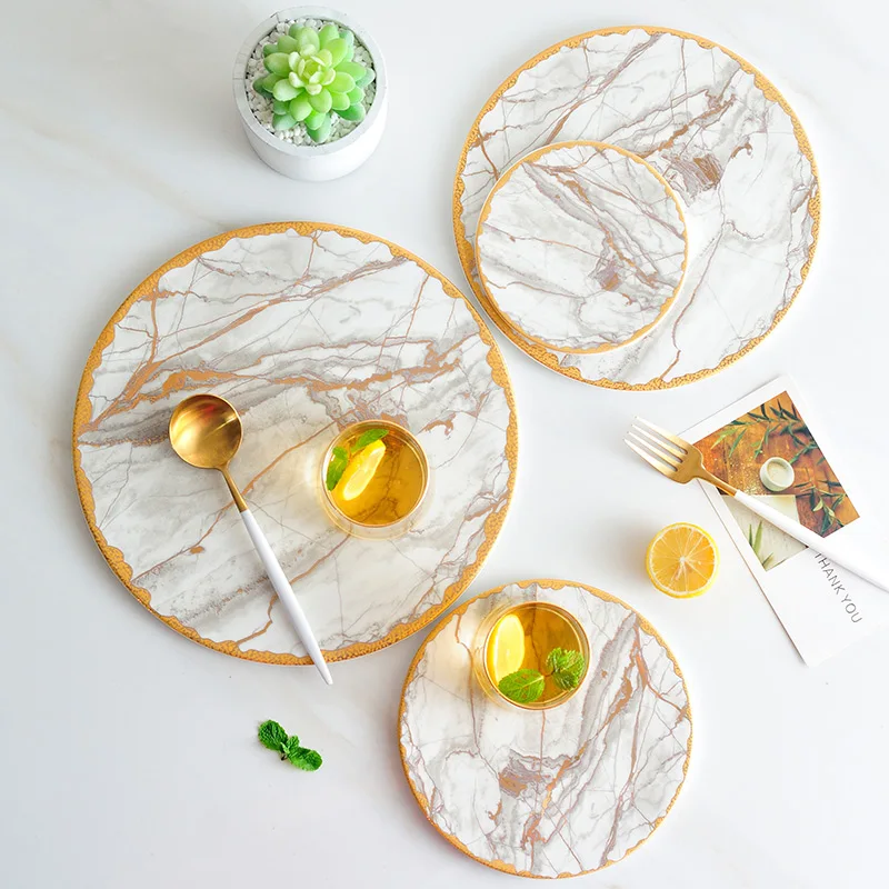 Gold Inlay Ceramic Plates Set Creativity Marble Texture Dinner Plate Restaurant Service Tray Home Kitchen 4-piece Set Tableware