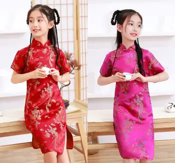 Schöne Mädchen Seidiges Satin Cheongsam Kleid Niedliche Prinzessin Mädchen Kleider Kinder Party Ballkleid Kleid Neujahr Cheongsam Kleidung