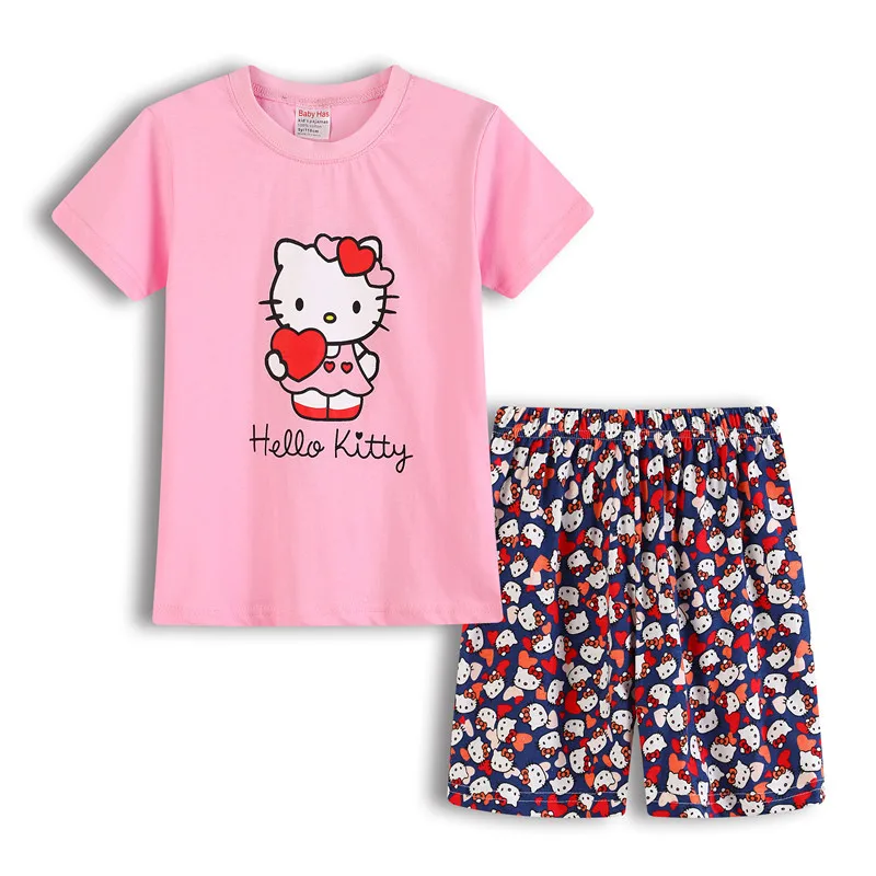 Hello Kitty Cartoon Pure Cotton Short-sleeved Suit Girls Pajamas T-shirt + Five-point Pants Home Service Children's Clothing