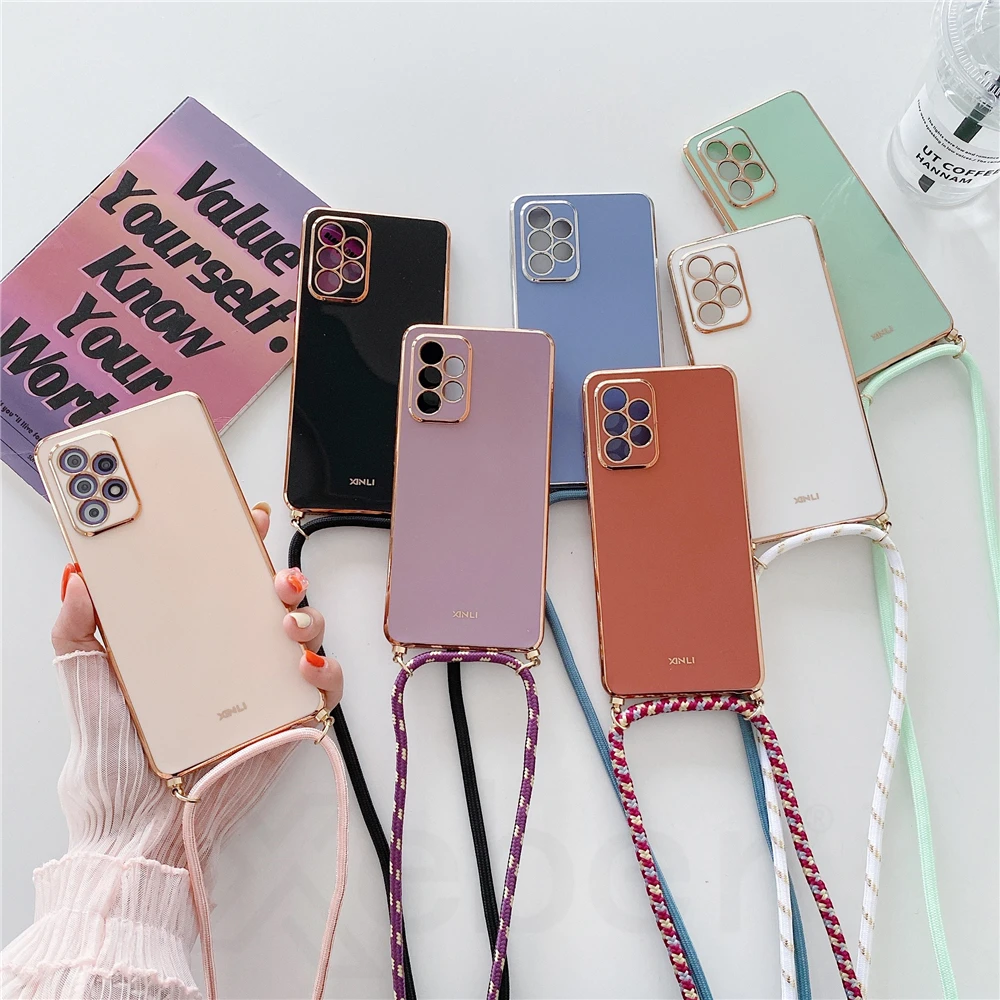 Crossbody Lanyard Strap Plating Silicone Case For Samsung S24 S23 S22 Ultra S21 Plus S20 FE Note 20 A73 A53 A52 A72 A32 A51 A71