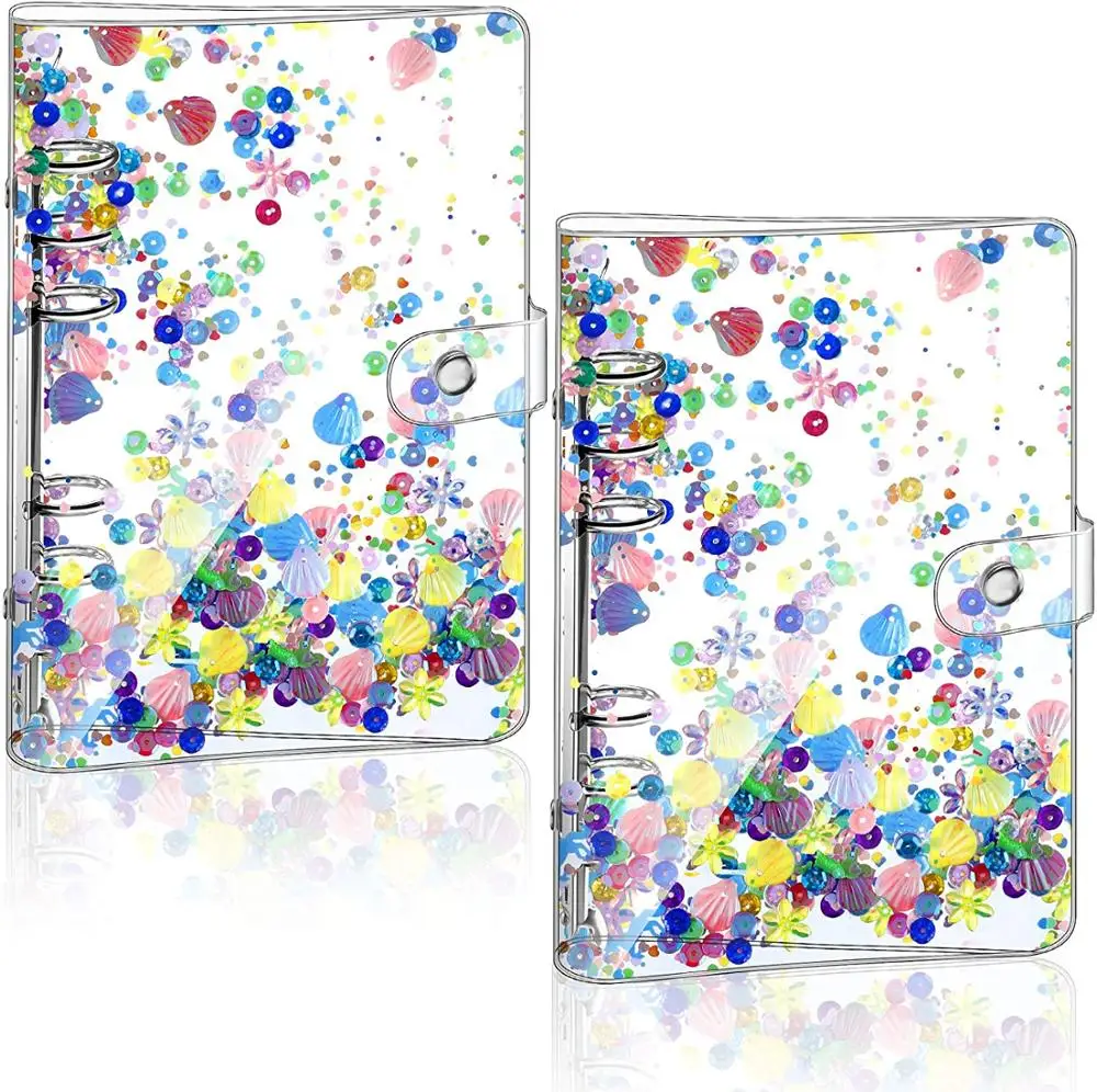 A6 PVC Glitter Binder Cover Clear Quicksand Decor Notebook Shell with Snap Button Closure 6 Ring Loose Leaf Binding