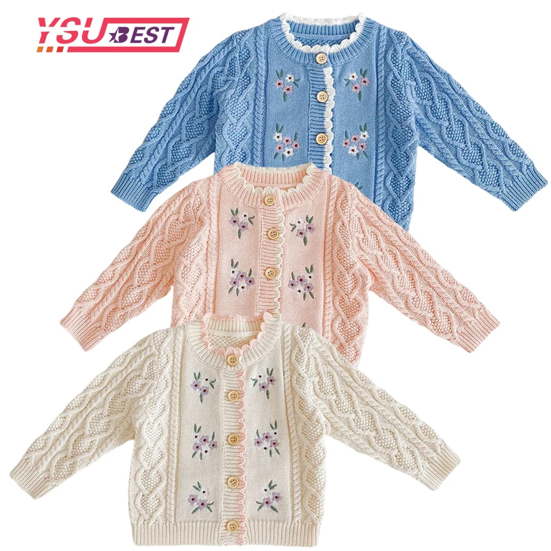 2021 Sweet Kids Girls Floral Embroidered Crochet Sweater Cardigans Jackets Candy Pink Beige Blue Color Spring Autumn Outwears