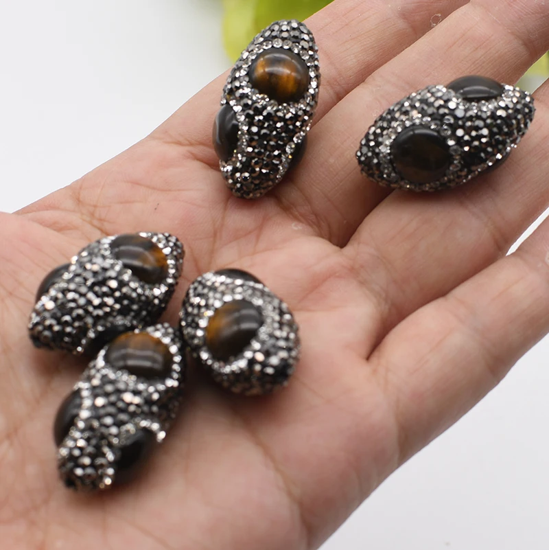 5pcs/lot 15x30mm High Quality Light Dark brown Tiger eye Beads Trimmed With Crystal Zircon