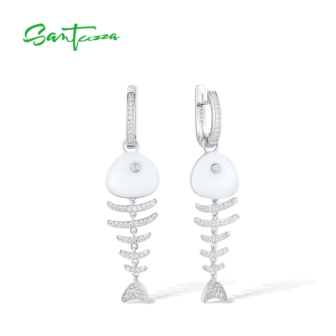 

SANTUZZA 925 Sterling Silver Drop Earrings For Women Fish Bone Sparkling White Cubic Zirconia Ceramic Trendy серьги Fine Jewelry