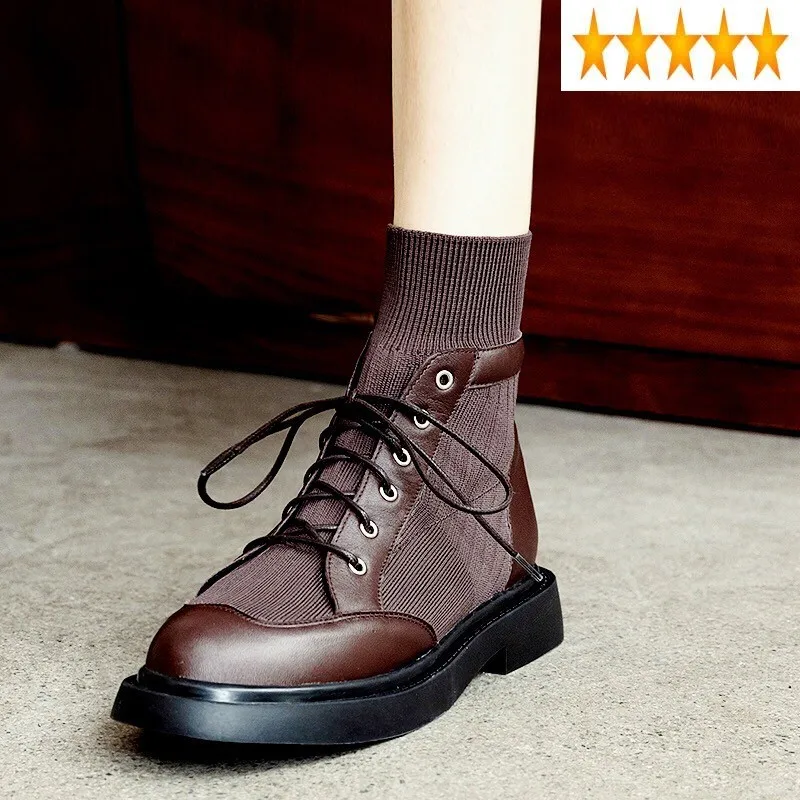 Leather Autumn Winter New Genuine Patchwork Stretch Socks Streetwear Round Toe Lace Up Casual High Top Motorcycle Boots