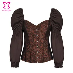 Brown Lantern Sleeve Steel Boned Victorian Corset Top Sexy Korsett For Women Plus Size Gothic Clothing Vintage Steampunk Clothes