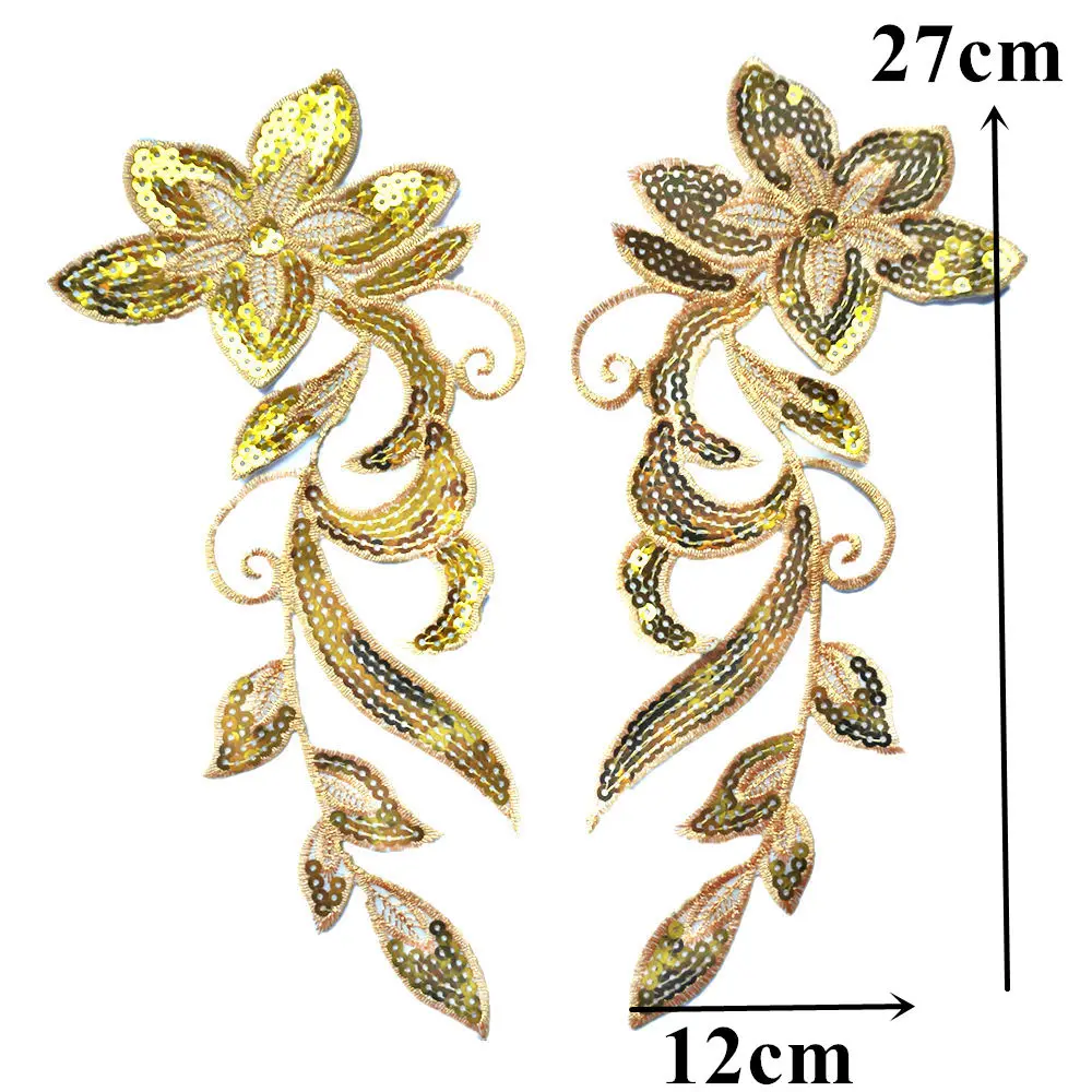 2PCS Gold Silver Sequin Flower Tassel Embroidered Gown Appliques Iron Sew On Patches Fabric Collar For Wedding Decor Dress DIY